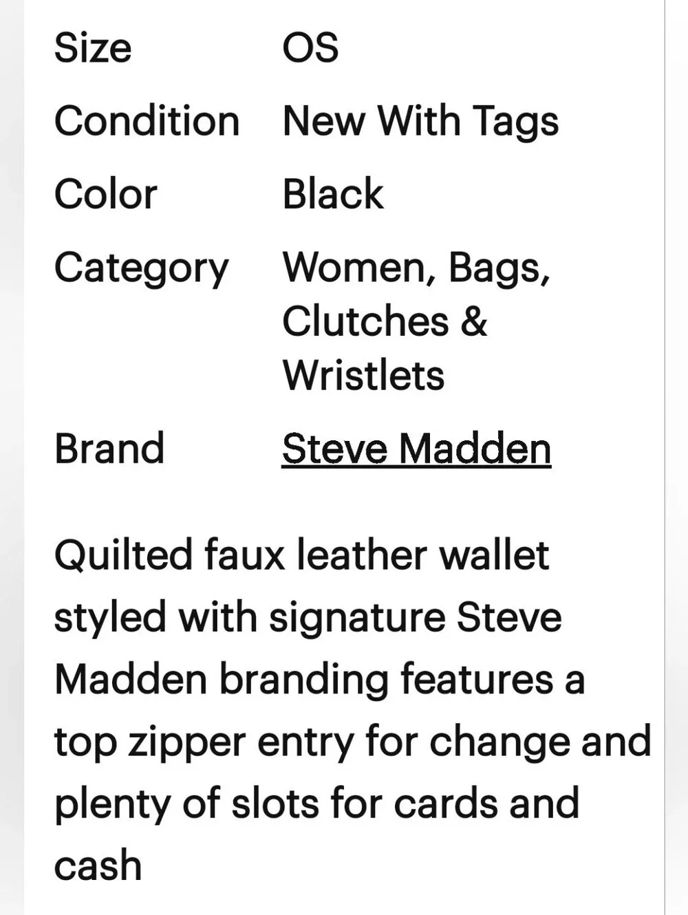 Steve Madden- Black Quilted Wristlet Card Case with SM Logo